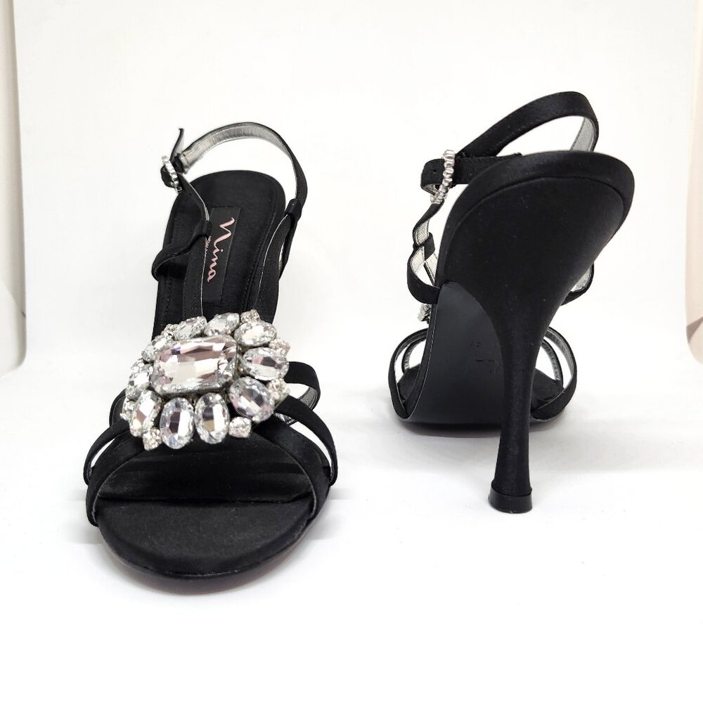 Nina Women's Black Sandal High-Heel W/Silver Bejeweled Brooch Size 8